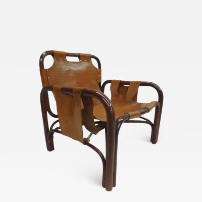 Vittorio Bonacina Pair of Italian Mid Century Modern Rattan and Leather Lounge Chairs by Bonacina