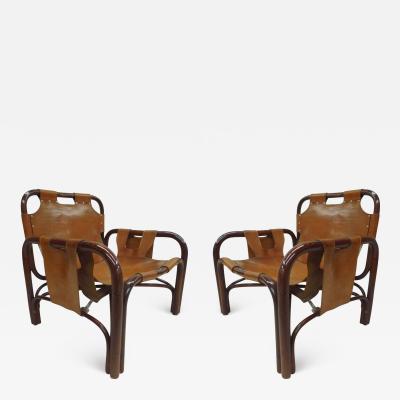 Vittorio Bonacina Pair of Italian Mid Century Modern Rattan and Leather Lounge Chairs by Bonacina