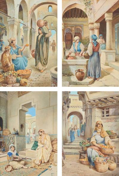 Vittorio Rappini Set of four watercolours of Orientalist street scenes by Rappini