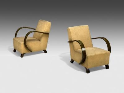Vittorio Valabrega Vittorio Valabrega Beige Velvet Bentwood Lounge Chairs Italy 1940s