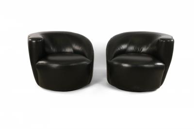 Vladimir Kagan Black Leather Nautilus Swivel Armchairs
