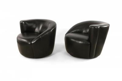 Vladimir Kagan Black Leather Nautilus Swivel Armchairs