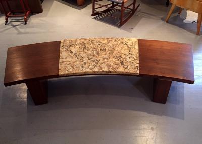 Vladimir Kagan Early Walnut and Marble Curvy Coffee Table
