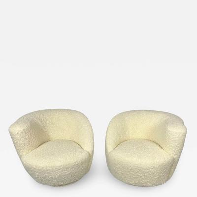 Vladimir Kagan Mid Century Modern Nautilus Style Swivel Chairs Kidney Shape White Boucle