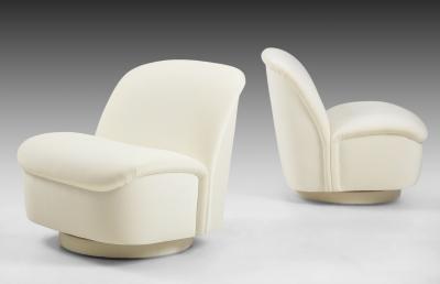 Vladimir Kagan Pair of Ivory Velvet Swivel Lounge Chairs