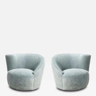 Vladimir Kagan Pair of Powder Blue Mohair Velvet Swiveling Nautilus Chairs by Vladimir Kagan