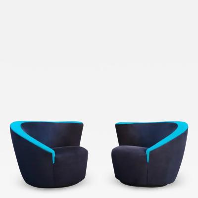 Vladimir Kagan Pair of Vladimir Kagan Directional Nautilus Corkscrew Swivel Chairs Black Blue