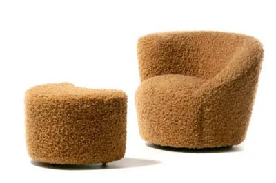 Vladimir Kagan Pair of Vladimir Kagan Nautilus Swivel Chairs with Custom Ottomans