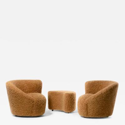 Vladimir Kagan Pair of Vladimir Kagan Nautilus Swivel Chairs with Custom Ottomans