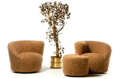 Vladimir Kagan Pair of Vladimir Kagan Nautilus Swivel Lounge Chairs and Ottoman in Curly Camel