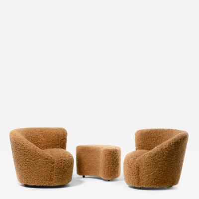 Vladimir Kagan Pair of Vladimir Kagan Nautilus Swivel Lounge Chairs and Ottoman in Curly Camel