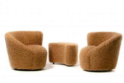 Vladimir Kagan Pair of Vladimir Kagan Nautilus Swivel Lounge Chairs and Ottoman in Curly Camel