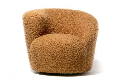 Vladimir Kagan Pair of Vladimir Kagan Nautilus Swivel Lounge Chairs and Ottoman in Curly Camel
