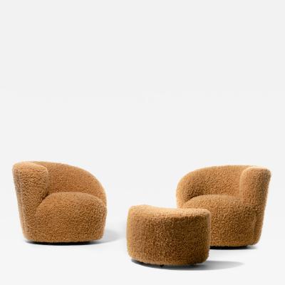 Vladimir Kagan Pair of Vladimir Kagan Nautilus Swivel Lounge Chairs and Ottoman in Curly Camel