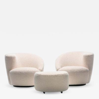 Vladimir Kagan Pair of Vladimir Kagan Nautilus Swivel Lounge Chairs and Ottoman in Ivory Boucl 