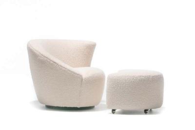 Vladimir Kagan Pair of Vladimir Kagan Nautilus Swivel Lounge Chairs and Ottoman in Ivory Boucl 