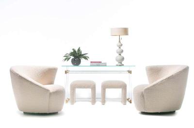 Vladimir Kagan Pair of Vladimir Kagan Nautilus Swivel Lounge Chairs and Ottoman in Ivory Boucl 