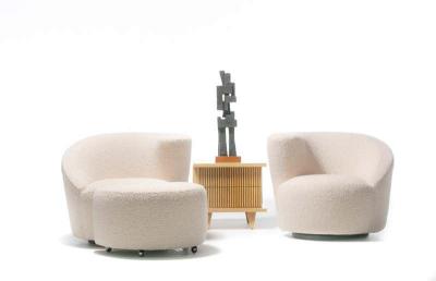 Vladimir Kagan Pair of Vladimir Kagan Nautilus Swivel Lounge Chairs and Ottoman in Ivory Boucl 