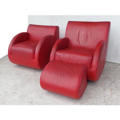Vladimir Kagan Pair of Vladimir Kagan Rock Star His and Her Lounge Chairs and Ottoman