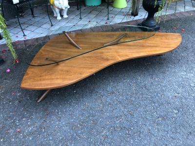 Vladimir Kagan Scrumptious Kagan style Sculptural Walnut 2 Tier Coffee Table Kidney Shaped