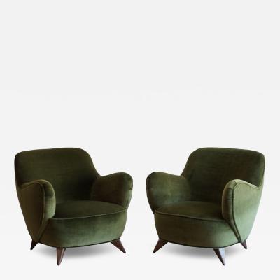 Vladimir Kagan Vladimir Kagan Barrel Lounge Chairs in Olive Green Velvet and Walnut Legs