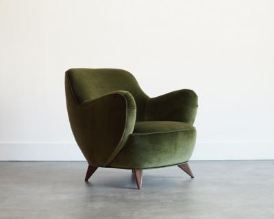 Vladimir Kagan Vladimir Kagan Barrel Lounge Chairs in Olive Green Velvet and Walnut Legs