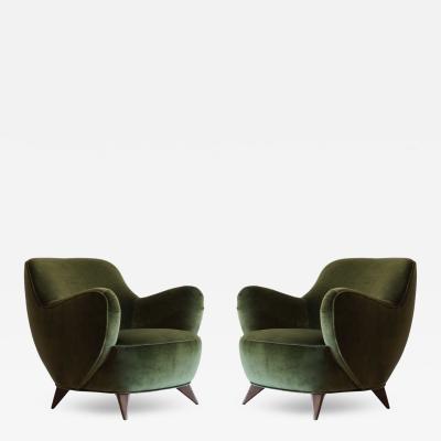 Vladimir Kagan Vladimir Kagan Barrel Lounge Chairs in Olive Green Velvet and Walnut Legs