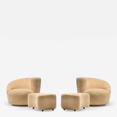 Vladimir Kagan Vladimir Kagan Nautilus Swivel Chairs Ottomans in Butterscotch Shearling