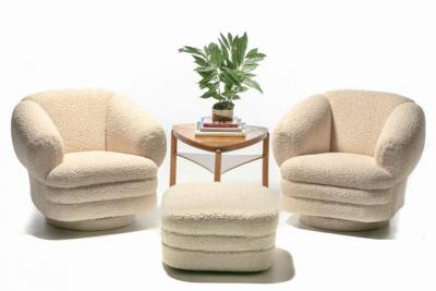 Vladimir Kagan Vladimir Kagan Post Modern Ivory Boucl Swivel Chairs Ottoman for Directional