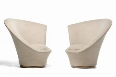 Vladimir Kagan Vladimir Kagan Sculptural High Back Swivel Chairs in Textured Ivory Fabric