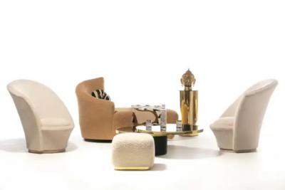 Vladimir Kagan Vladimir Kagan Sculptural High Back Swivel Chairs in Textured Ivory Fabric