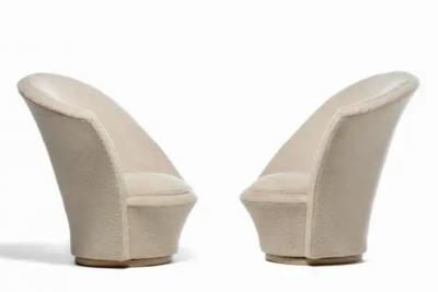 Vladimir Kagan Vladimir Kagan Sculptural High Back Swivel Chairs in Textured Ivory Fabric