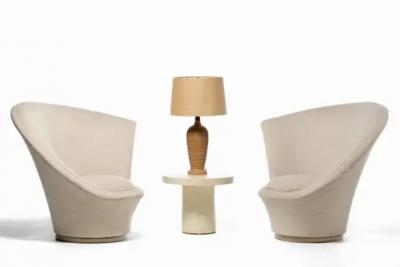 Vladimir Kagan Vladimir Kagan Sculptural High Back Swivel Chairs in Textured Ivory Fabric