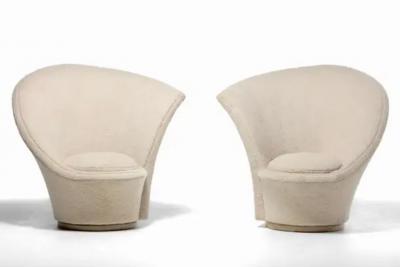 Vladimir Kagan Vladimir Kagan Sculptural High Back Swivel Chairs in Textured Ivory Fabric