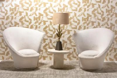 Vladimir Kagan Vladimir Kagan Sculptural High Back Swivel Chairs in Textured Ivory Fabric