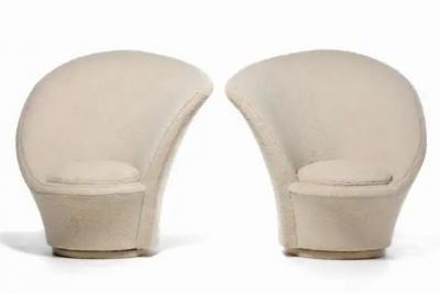 Vladimir Kagan Vladimir Kagan Sculptural High Back Swivel Chairs in Textured Ivory Fabric