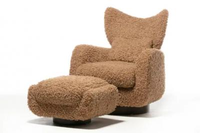 Vladimir Kagan Vladimir Kagan Wingback Swivel Chair Ottoman in Curly Latte Fabric