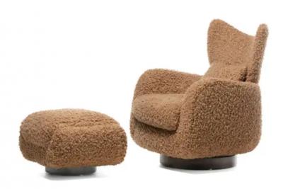 Vladimir Kagan Vladimir Kagan Wingback Swivel Chair Ottoman in Curly Latte Fabric