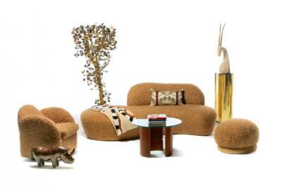 Vladimir Kagan Vladimir Kagan Zoe Sofa for American Leather in Curly Teddy Bear Camel Fabric