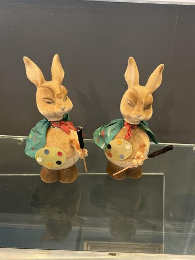 WEST GERMANY FLOCKED RABBIT ARTIST EASTER CANDY CONTAINERS WITH SPRING HEADS