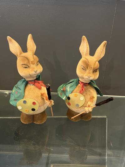 WEST GERMANY FLOCKED RABBIT ARTIST EASTER CANDY CONTAINERS WITH SPRING HEADS