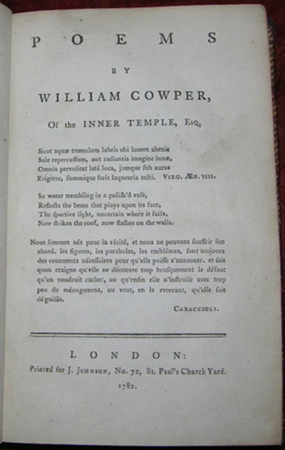 WILLIAM COWPER WILLIAM COWPER 1731 1800 POEMS BY WILLIAM COWPER OF THE INNER TEMPLE ESQ 