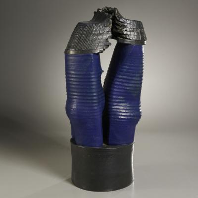 WILLIAM LAU BLUE AND BLACK CERAMIC ABSTRACT SCULPTURE BY WILLIAM LAU