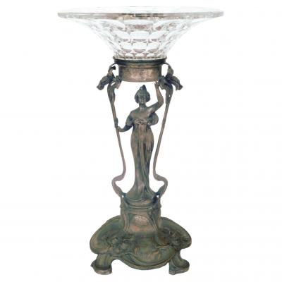 WMF Silver Plate Art Nouveau Woman Holding Glass Dish Over Her Head Circa 1900