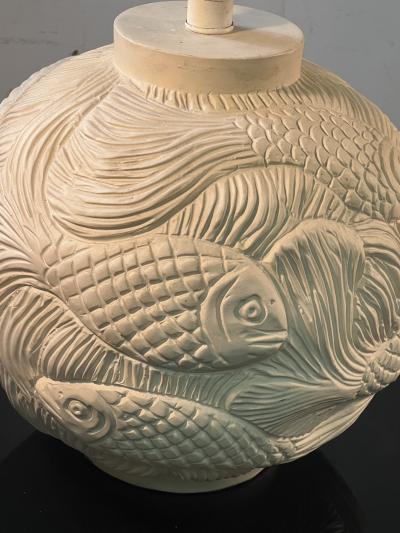 WONDERFUL PAIR OF ART DECO REVIVAL WHITE PLASTER FISH LAMPS