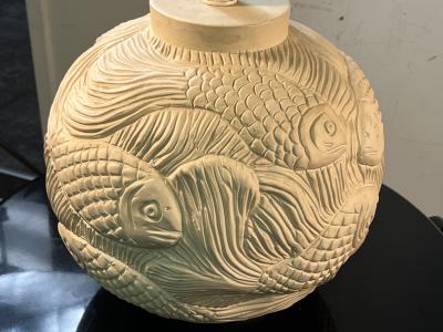 WONDERFUL PAIR OF ART DECO REVIVAL WHITE PLASTER FISH LAMPS