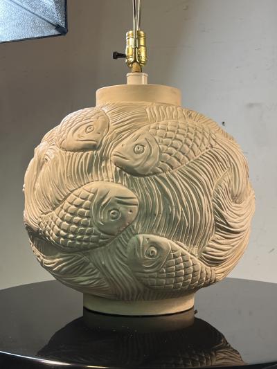 WONDERFUL PAIR OF ART DECO REVIVAL WHITE PLASTER FISH LAMPS