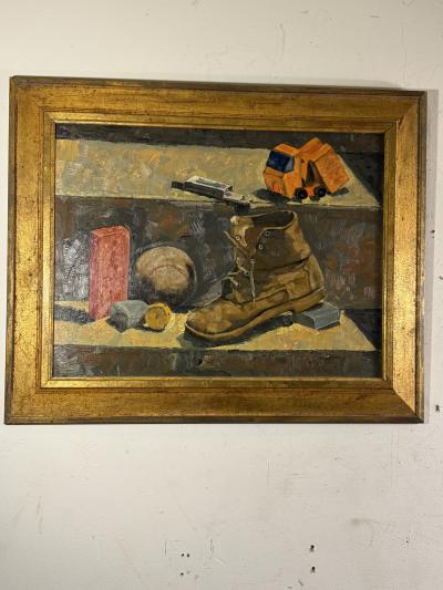WPA STILL LIFE OF BOYS ASSORTED TOYS BASEBALL BOOT ON MASONITE PAINTING