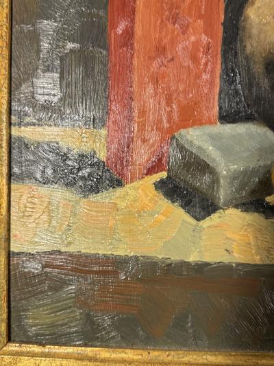 WPA STILL LIFE OF BOYS ASSORTED TOYS BASEBALL BOOT ON MASONITE PAINTING