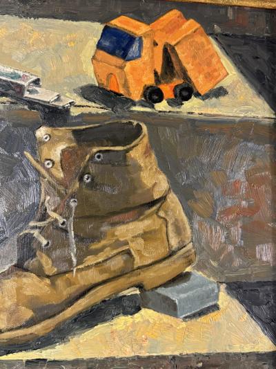 WPA STILL LIFE OF BOYS ASSORTED TOYS BASEBALL BOOT ON MASONITE PAINTING